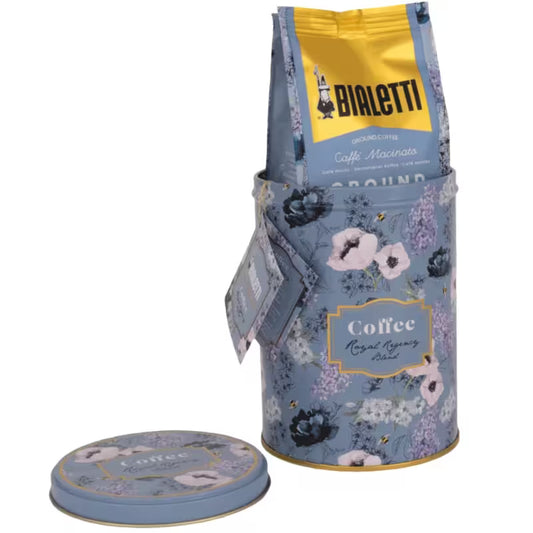 Bolsa de café molido Bialetti x Bridgerton con lata decorada, diseño floral azul, 250 g