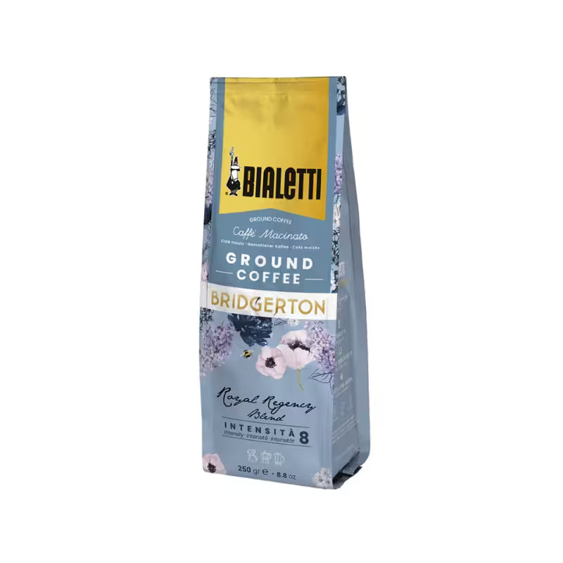 Bolsa de café molido Bialetti x Bridgerton en color azul con flores, Royal Regency Blend, 250 g