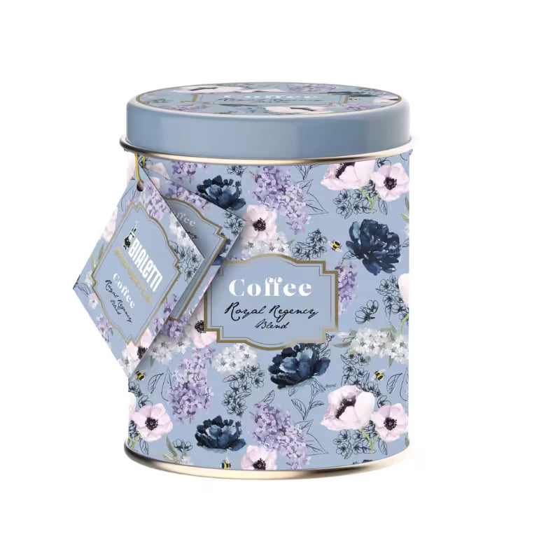 Lata metálica decorada para café molido Bialetti x Bridgerton, azul con flores, tapa plateada