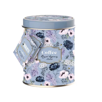Lata metálica decorada para café molido Bialetti x Bridgerton, azul con flores, tapa plateada