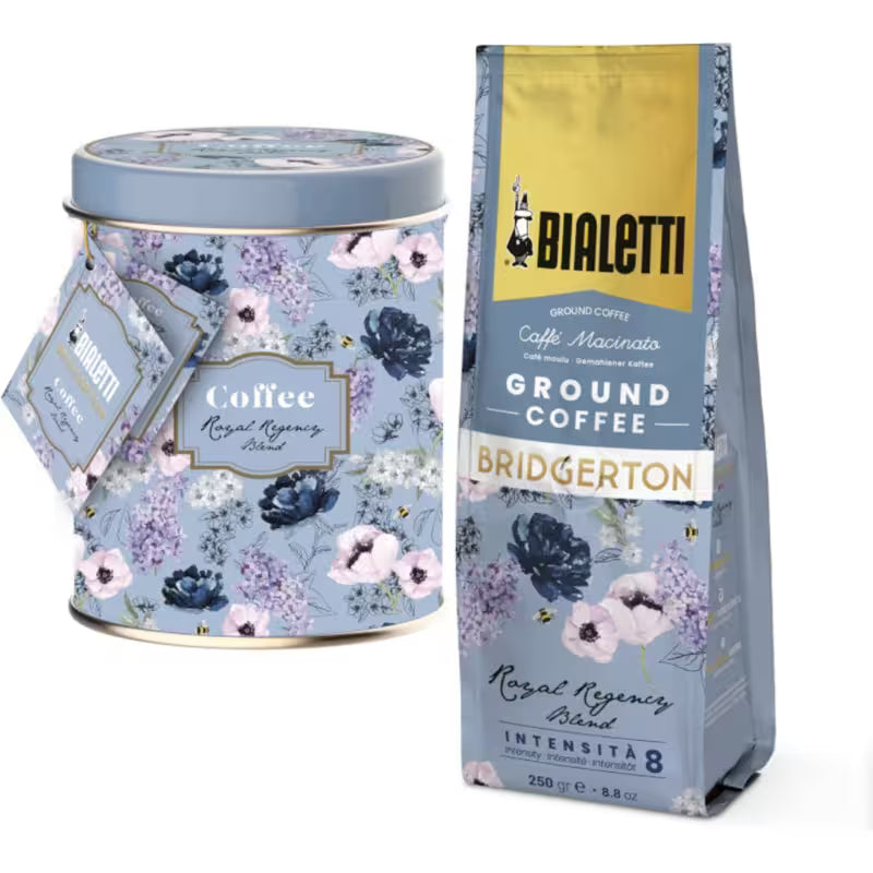 Set de café molido en lata decorada Bialetti x Bridgerton, 250 g, diseño floral azul y dorado