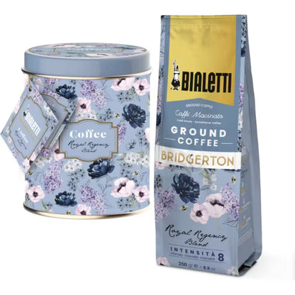 Set de café molido en lata decorada Bialetti x Bridgerton, 250 g, diseño floral azul y dorado