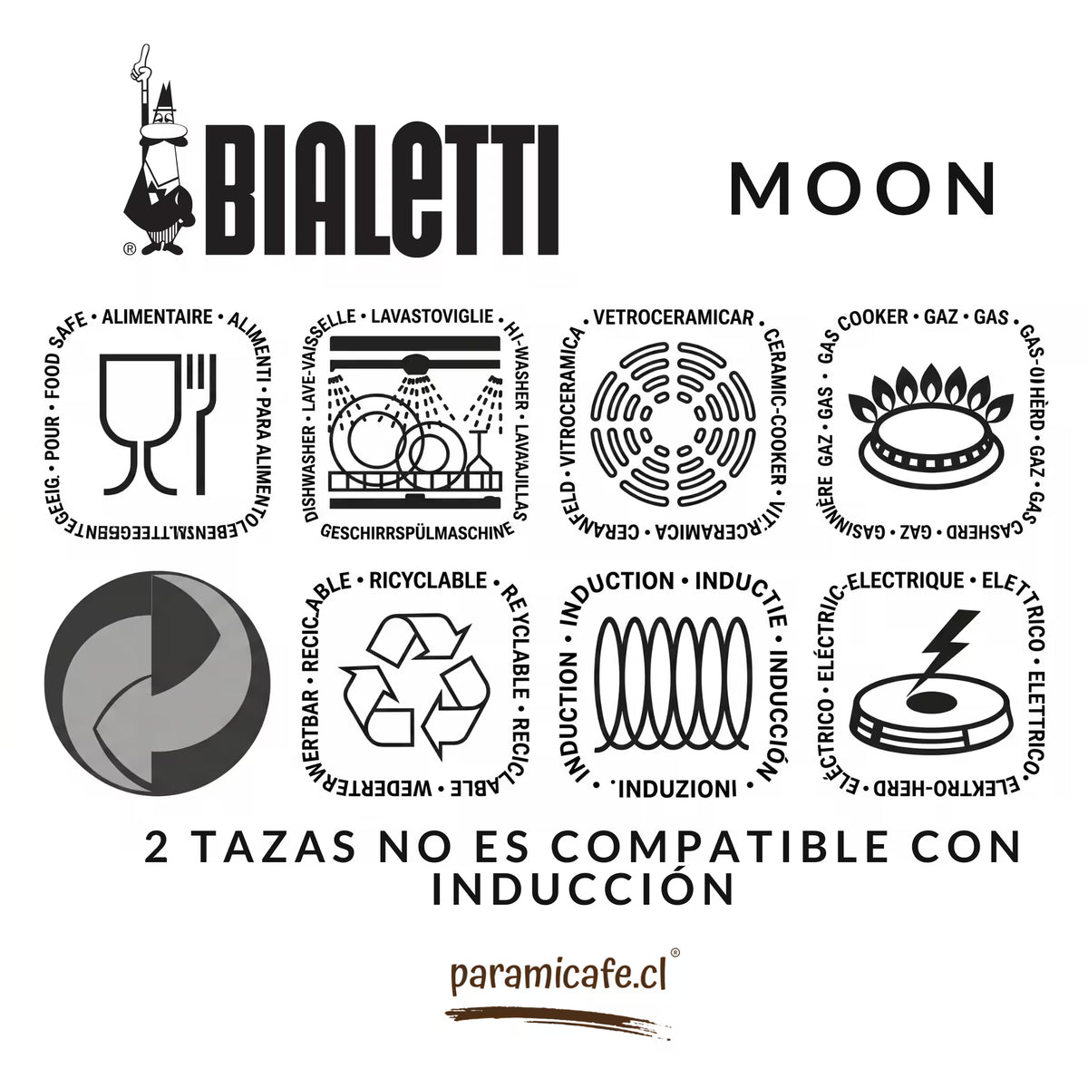 Cafetera italiana Bialetti Moon; 2 tazas, infografía con íconos de uso