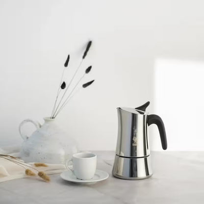 Cafetera italiana de acero Bialetti Moon Exclusive con mango negro, vista lateral