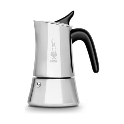 Cafetera italiana de acero Bialetti Moon Exclusive con mango negro y jarra plateada