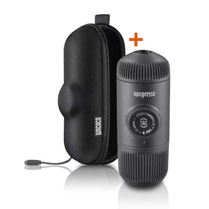 Cafetera portátil negra con funda de transporte y nanopresso incluido