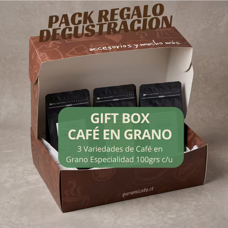 Caja regalo de café en grano con tres bolsas negras y ventana superior