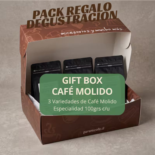 Pack de regalo de café molido en caja, con tres variedades