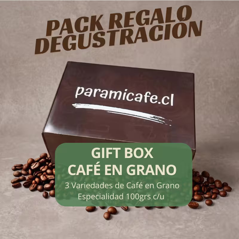 Caja regalo de café en grano marrón con texto y granos de café alrededor