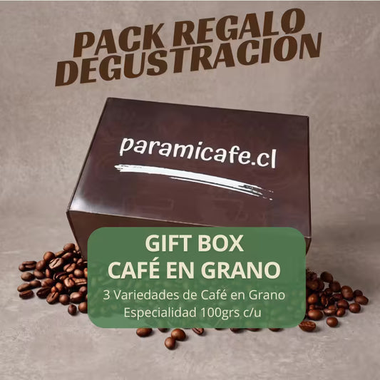 Caja regalo de café en grano marrón con texto y granos de café alrededor