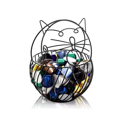 Organizador de cápsulas con forma de gato negro, con cápsulas multicolor en la rejilla