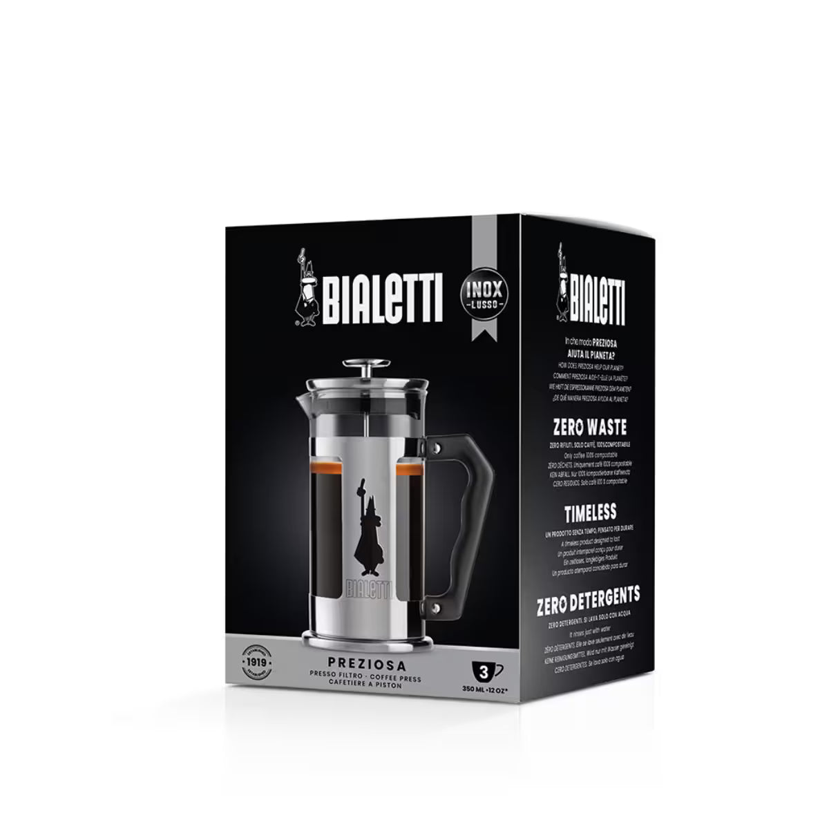 Caja de prensa francesa Bialetti Preziosa, empaque negro con ilustración y detalles del producto