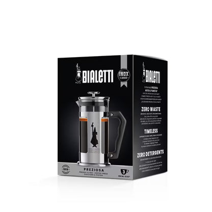 Caja de prensa francesa Bialetti Preziosa, empaque negro con ilustración y detalles del producto