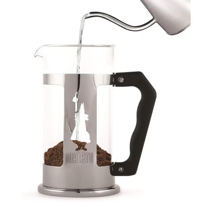 Prensa francesa Bialetti de acero inoxidable con asa negra, vertido de café desde el depósito