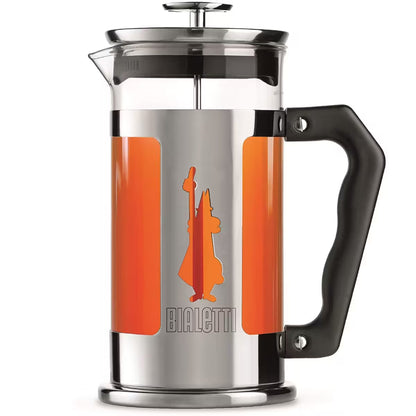 Prensa francesa Bialetti de acero inoxidable con asa negra y filtro interior con preparación de té