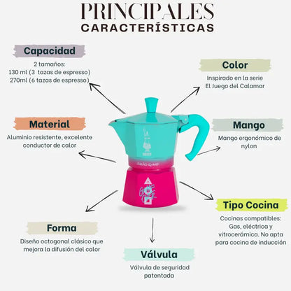 Cafetera italiana tipo moka turquesa y magenta, mango ergonómico y válvula superior
