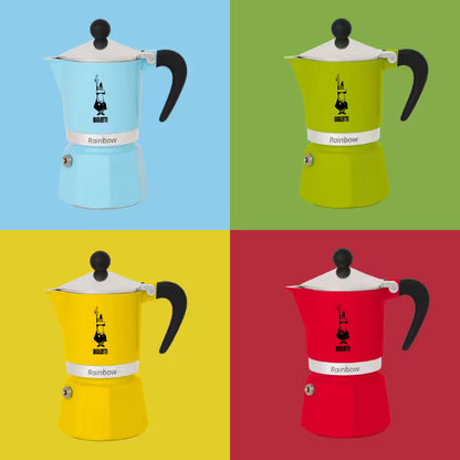 Cafetera tipo moka Rainbow en cuatro colores: azul, verde, amarillo y rojo