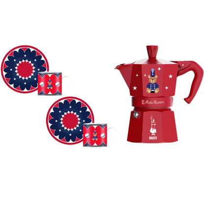 Set Cafetera Moka Express 3 Tazas Roja + 2 Tazas y Platillos Bialetti Joyful Christmas