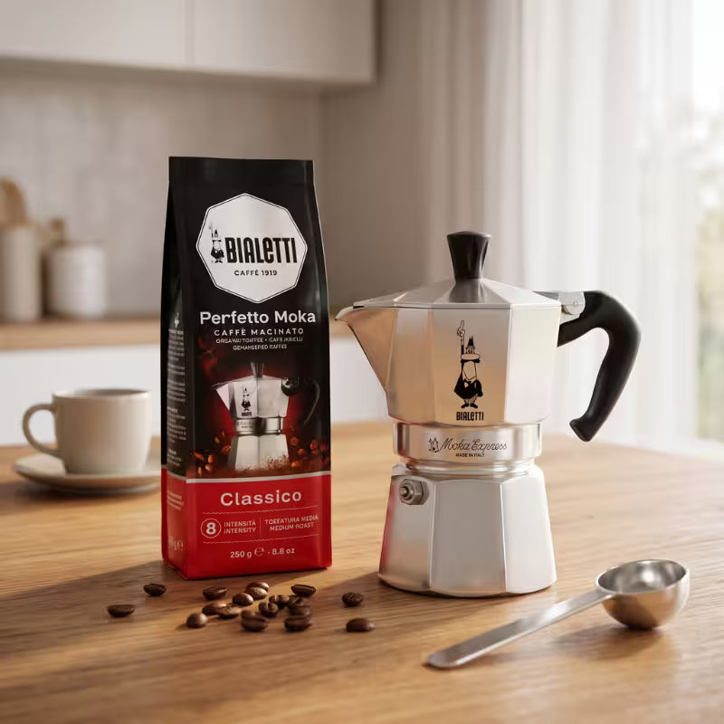 Cafetera moka plateada Bialetti con bolsa de café Classico 250 g