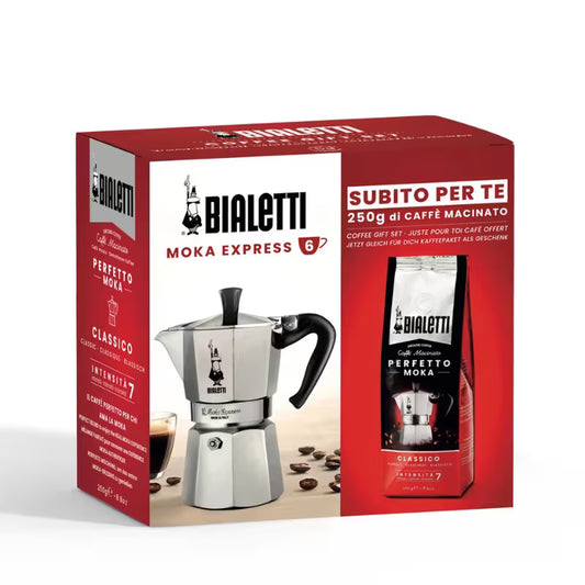 Pack Bialetti Moka Express 6 tazas con cafetera y bolsa de café Classico 250 g