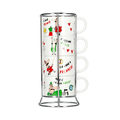 Set de 4 tazas capuchino con asas e ilustraciones, en soporte metálico