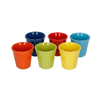 Set de 6 vasos de cerámica para espresso con varios colores: naranja, azul, verde y amarillo.