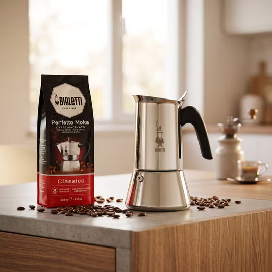 Cafetera moka de acero inoxidable con asa negra y bolsa de café Bialetti Classico