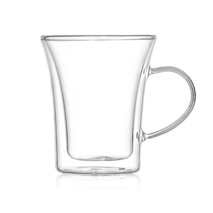 Taza de vidrio doble pared transparente de 220 ml con asa, taza vacía.