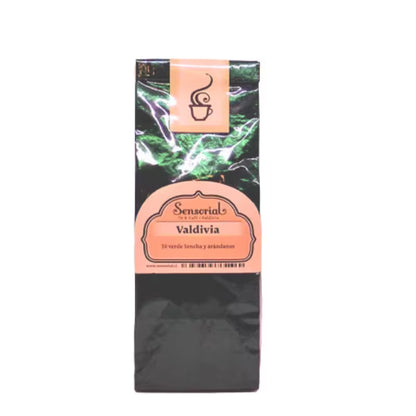 Bolsa de té verde sensorial Valdivia, empaque negro con etiqueta rosada