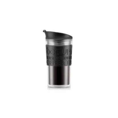 Taza de viaje 350 ml con tapa negra y cuerpo oscuro transparente