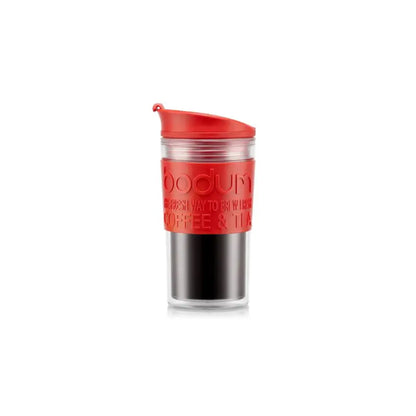 Taza de viaje 350 ml de plástico con tapa roja y cuerpo transparente