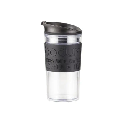 Taza de viaje 350 ml de plástico con tapa negra y cuerpo transparente