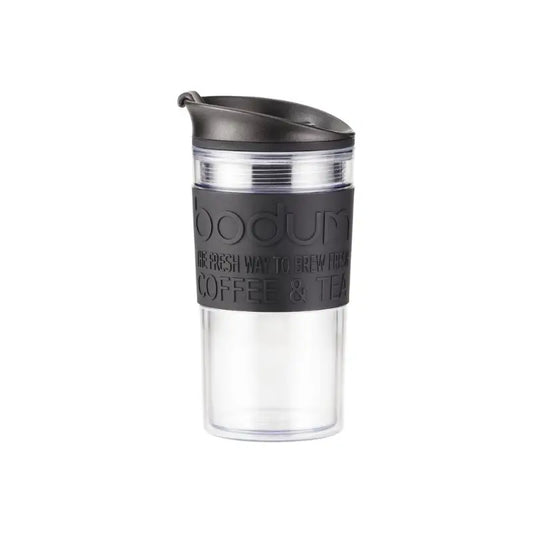 Taza de viaje 350 ml de plástico con tapa negra y cuerpo transparente