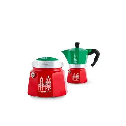 Cafetera moka tricolor Bialetti doble: dos unidades roja y verde con diseño Firenze