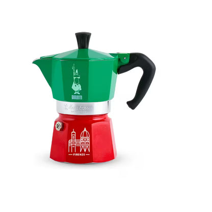 Cafetera moka tricolor Bialetti con asa negra; base roja Firenze y parte verde