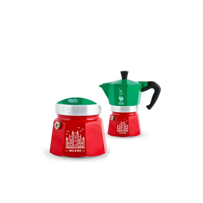 Cafetera moka tricolor Bialetti doble: dos unidades rojo y verde con Milano