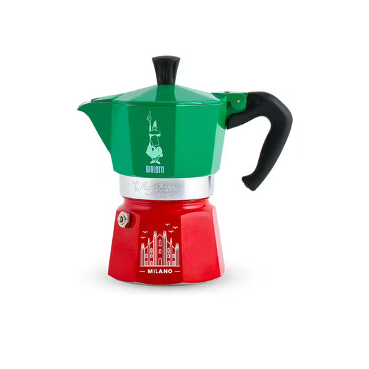 Cafetera moka tricolor Bialetti con tapa y asa negras; base roja Milano y parte verde