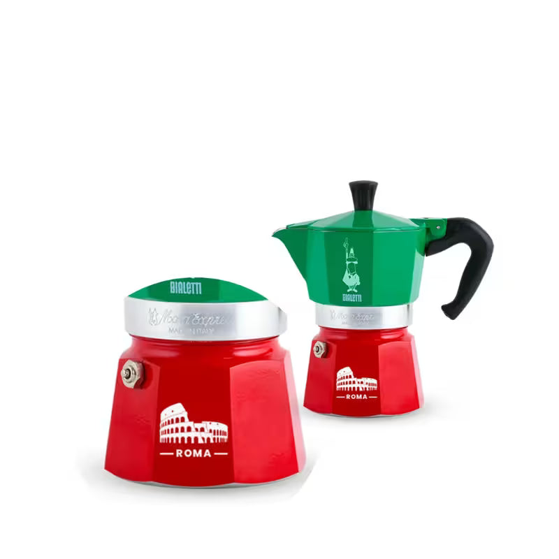 Cafetera moka tricolor Bialetti doble: dos unidades rojo y verde con Roma