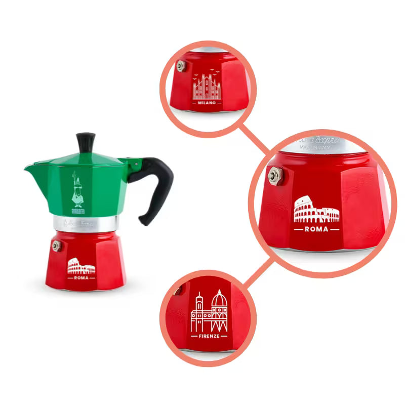 Cafetera moka tricolor Bialetti con detalles ampliados: Milano, Roma y Firenze
