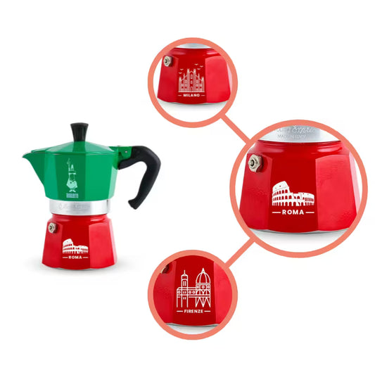 Cafetera moka tricolor Bialetti con detalles ampliados: Milano, Roma y Firenze