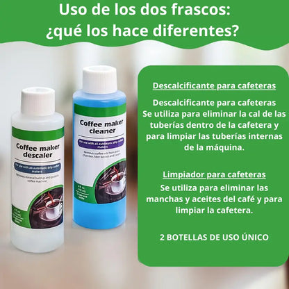 Dos botellas y guía: descalcificante para eliminar cal y limpiador para manchas y aceites