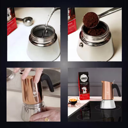 Cafetera italiana Bialetti Venus en acero, con vertido y manos usando el vertedor
