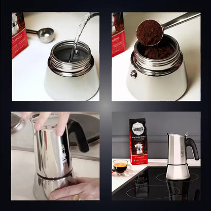 Cafetera italiana Venus Bialetti de acero pulido con asa negra en uso