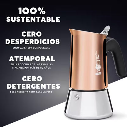 Cafetera italiana Bialetti Venus de acero cobre con mango negro, diseño sostenible