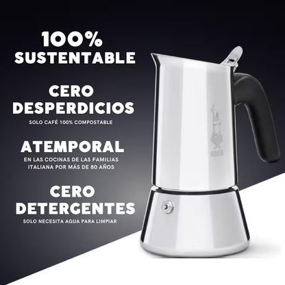 Cafetera italiana Venus Bialetti de acero pulido con asa negra, frontal