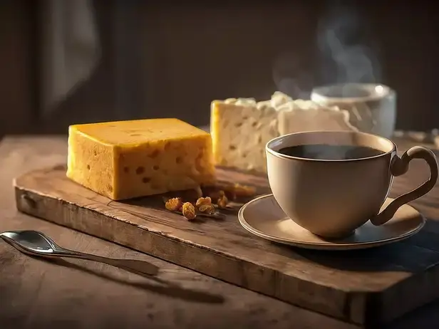 Un bloque de queso amarillo descansa sobre una tabla de cortar de madera junto a una humeante taza de café.