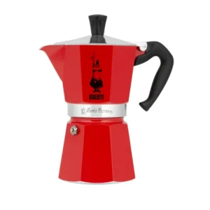 Cafetera Moka Express roja de 6 tazas con mango negro, ideal para preparar espresso en casa con estilo y facilidad.