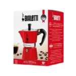 Caja de la Cafetera Italiana Moka Express Bialetti roja de 6 tazas 270ml, diseñada en aluminio ligero, ideal para preparar café espresso en casa fácilmente.