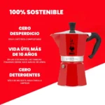Cafetera italiana Moka Express roja, 100% sostenible, elabora 270ml de café, perfecta para disfrutar de un espresso en casa.