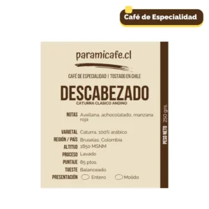 Café colombiano 100% Arábico, variedad Caturra, con notas de avellana, chocolate y manzana roja. Tostado equilibrado.